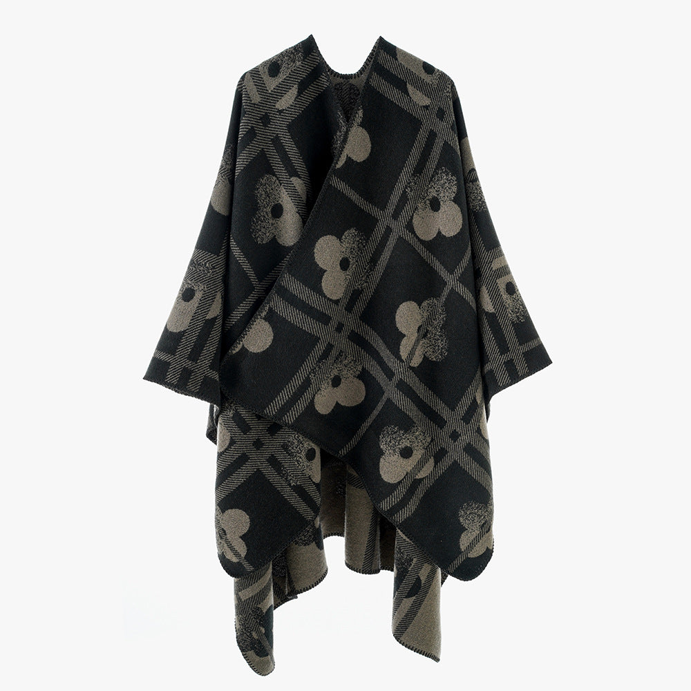 Dam Reversible Jacquard poncho tillverkad av ullblandning med floral check mönster och decorative piping seam