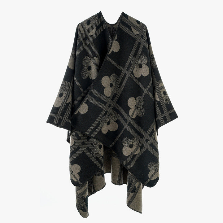 Dam Reversible Jacquard poncho tillverkad av ullblandning med floral check mönster och decorative piping seam