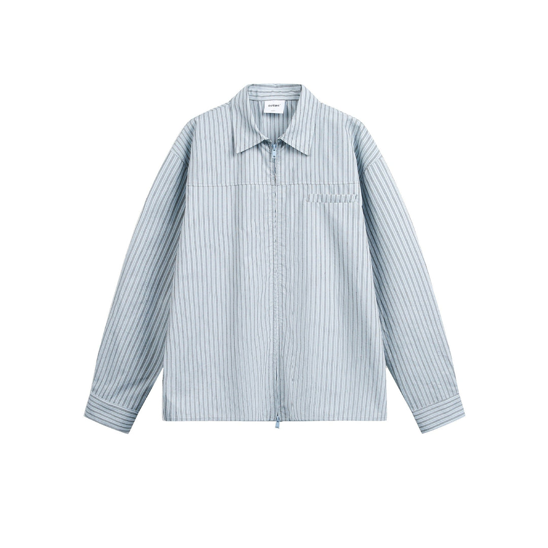 Herr randig overshirt med tvåvägs Dragkedja och bröstficka