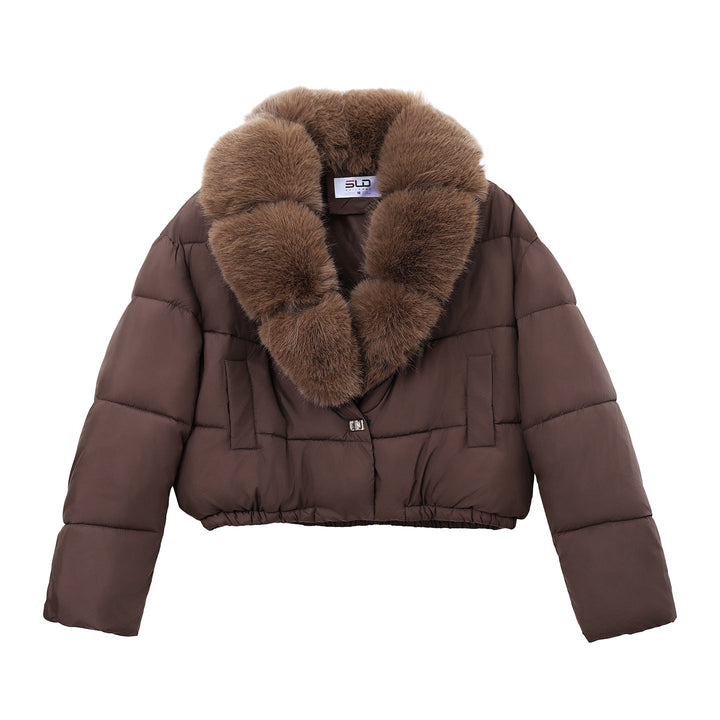 Dam cropped isolation jacka med voluminous faux fur sjalkrage och elastisk fåll