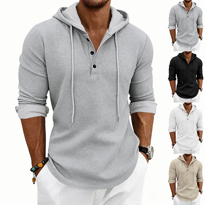 Herr Waffle Stickad Henley Luvtröja med Knapplist och Huva