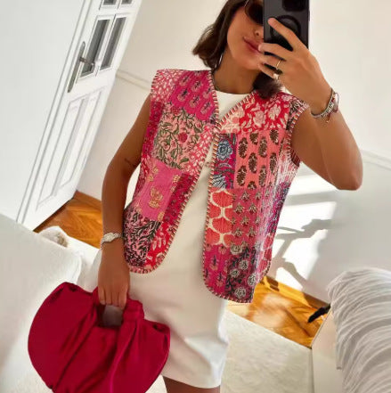 Dam kviltad Waistcoat med Toile tryck, randig foder och dragsko