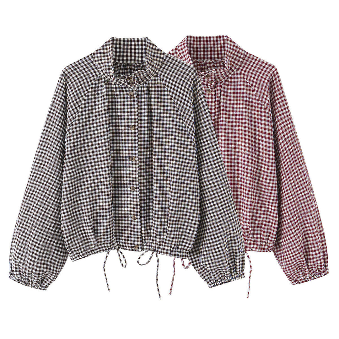 Dam Rutig Gingham Blouson med Drawstring Nederkant, Raglan Ärmar och Stå Krage