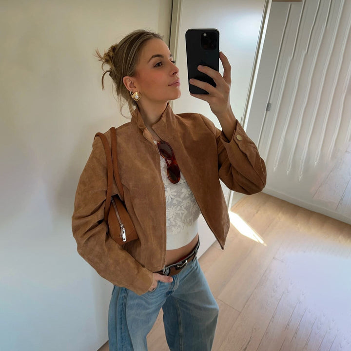 Dam kort-skärning mockalook blousonjacka med skjortkrage och dragkedja