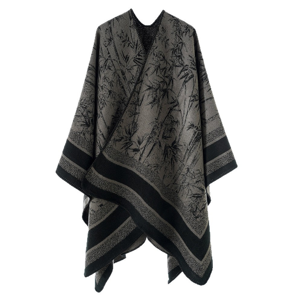 Dam Jacquard poncho i Cape stil med Bamboo design och öppen front