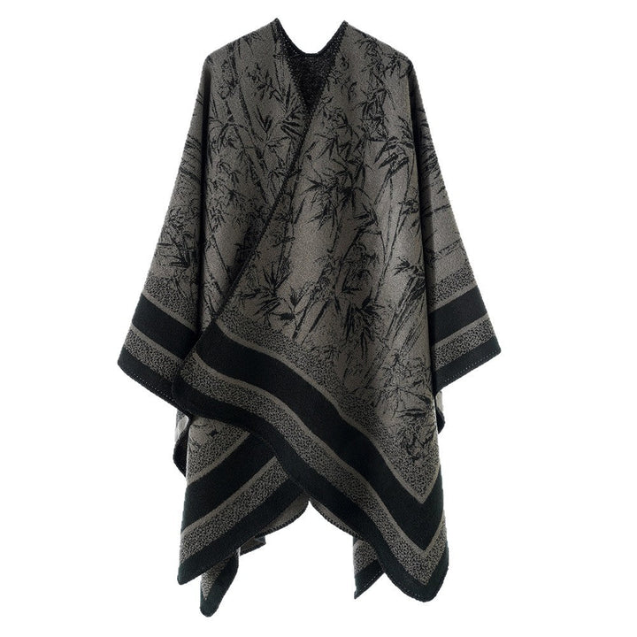 Dam Jacquard poncho i Cape stil med Bamboo design och öppen front