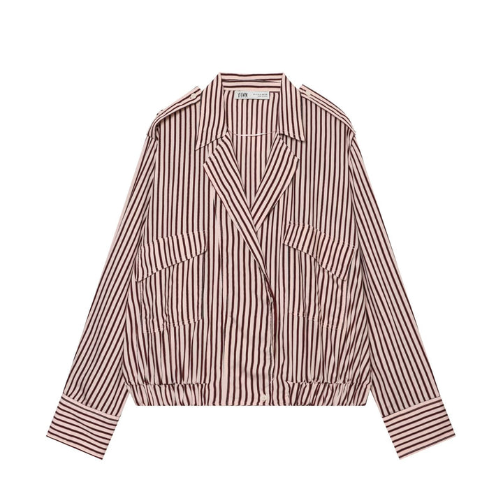 Dam Randig Oversize Skjortjacka med Drawstring Nederkant och Lock Fickor