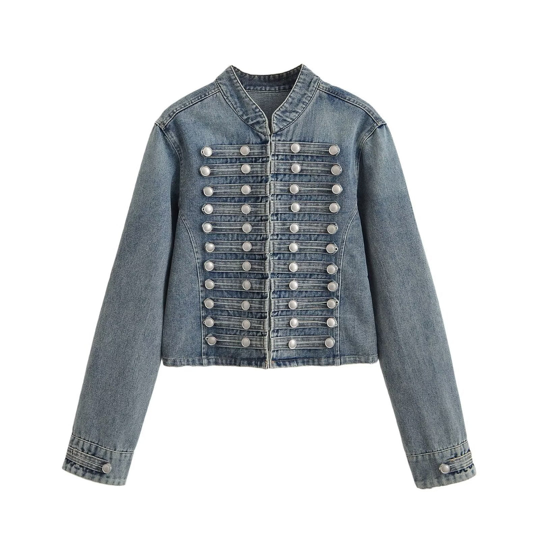 Dam Denimjacka i Military Stil med Stå Krage och Dekorativ Knapp Plackets
