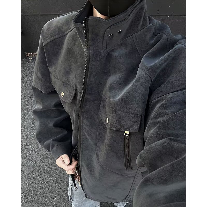 Herr Oversized Suede-Look Utilityjacka med Hög Ståkrage
