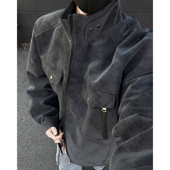 Herr Oversized Suede-Look Utilityjacka med Hög Ståkrage