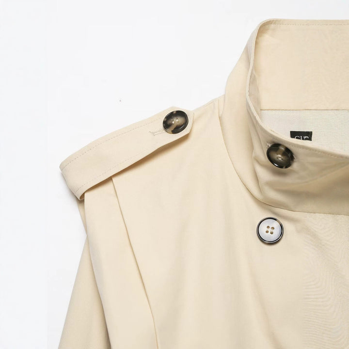 Dam Kort Double-Breasted Trench Jacka med Stå Krage, Epaulettes och Elastic Nederkant