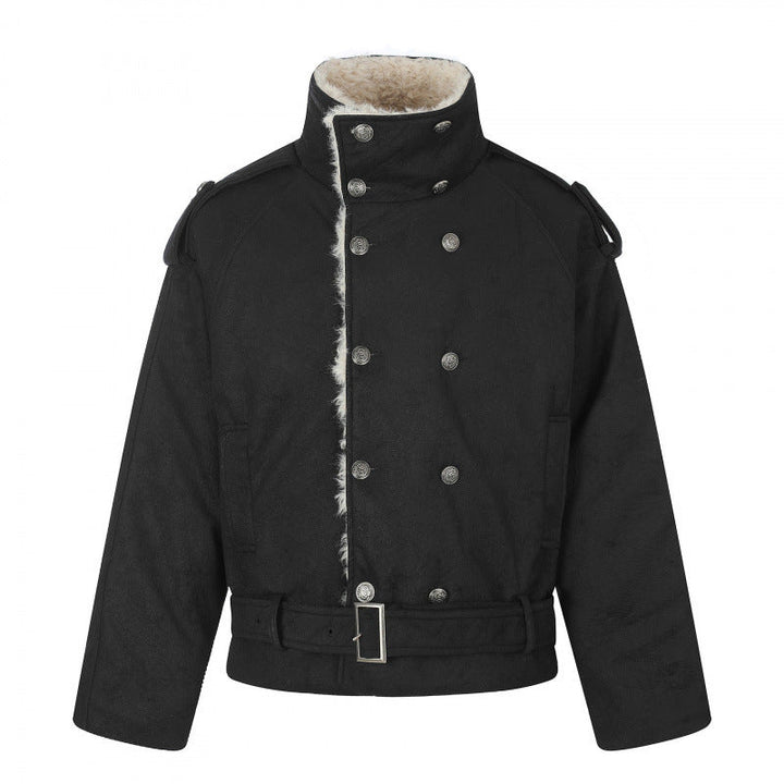 Herr kort skärning double-breasted aviator jacka med teddyfoder, ståkrage och midja belt