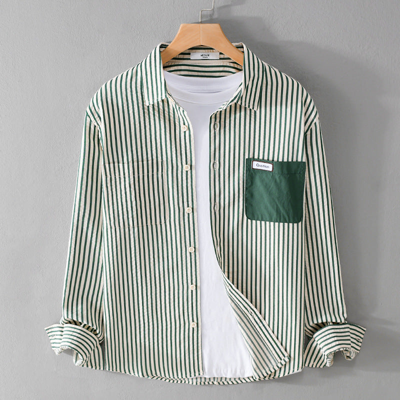Herr Randig Lång Ärm Overshirt Tillverkad av Bomullsblandning med Contrasted Bröstficka