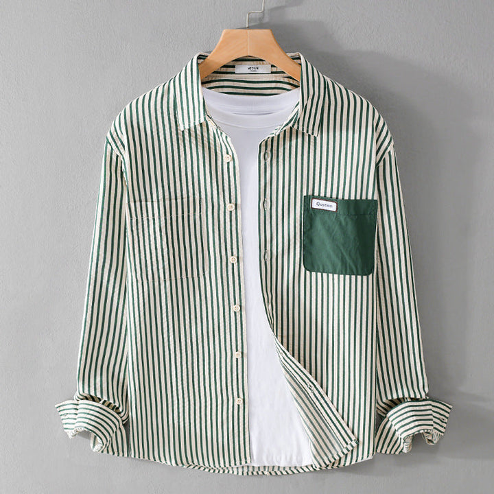 Herr Randig Lång Ärm Overshirt Tillverkad av Bomullsblandning med Contrasted Bröstficka