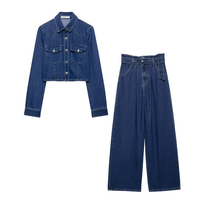 Dam Kort Skärning Denim Jacka med Bröst Fickor och Tryckknapp Slå