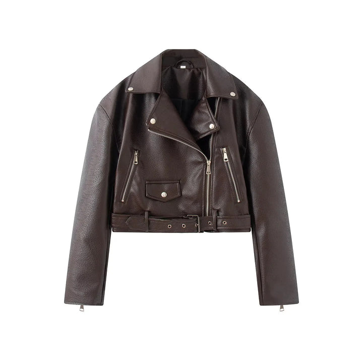 Dam cropped bikerjacka tillverkad av vegan läder imitation med asymmetrisk dragkedja och midjebälte