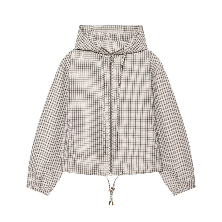 Dam Rutig Kort Windbreaker med Huva, Drawstring och Dragkedja