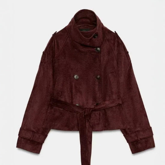 Dam Kort Jacka Tillverkad av Suede Imitation med Hög Stå Krage och Tie Belt
