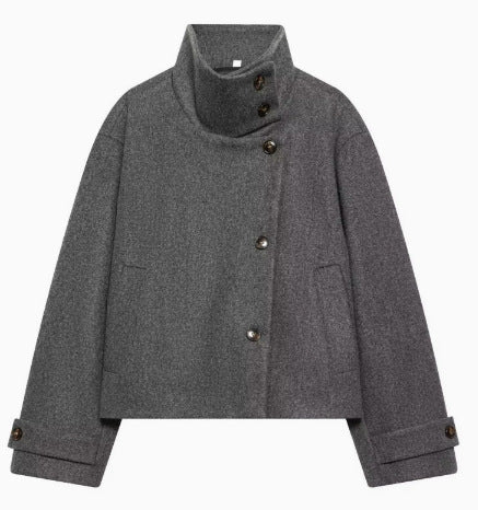 Dam 9800+ Kort Boxig Ull Blend Jacka med Hög Funnel Krage, Asymmetric Knapp Knäppning, och Justerbar Muddar