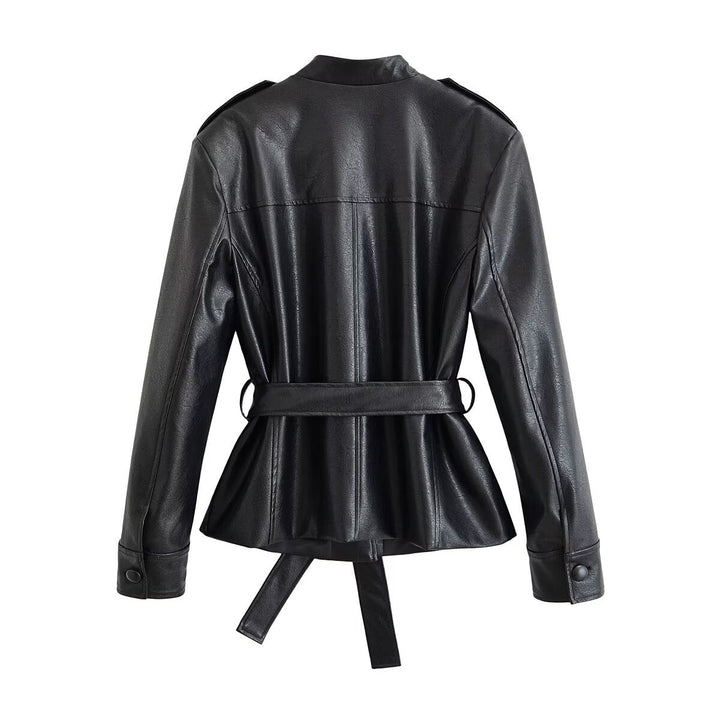 Dam Tailored Jacka i Konstläder med Tie Belt, Stå Krage och Lock Fickor