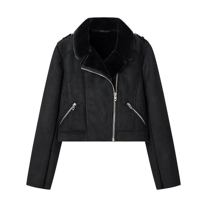 Dam kort bikerjacka med Faux Fur krage och mocka look