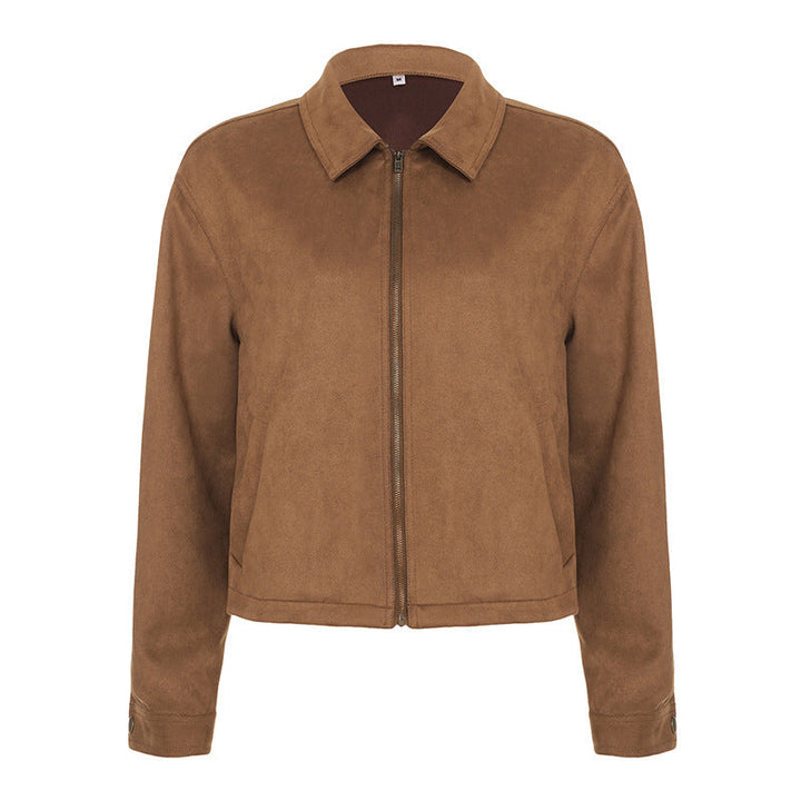 Dam kort-skärning mockalook blousonjacka med skjortkrage och dragkedja