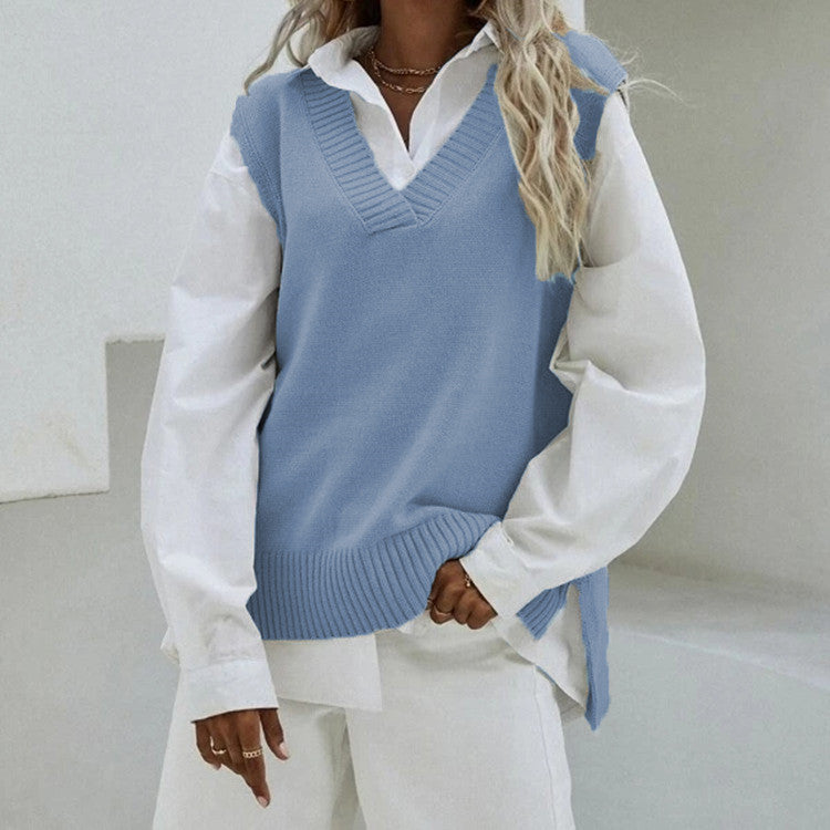 Dam Sleeveless stickad väst med V-Neck och Side Slits