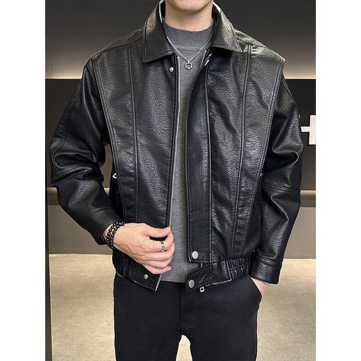Herr Kort oversize Läder Imitation Blouson med ståkrage, Dragkedja och elastisk fåll
