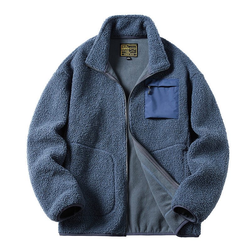 Herr Sherpa Fleece Jacka i Utility Stil med Dragkedja Bröstficka och Stående Krage