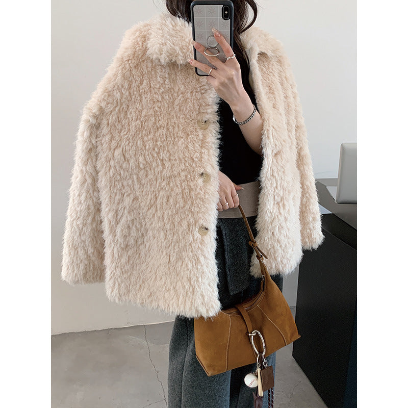 Dam Fluffy teddy kappa gjord Faux Fur med skjortkrage och Boxy silhuett