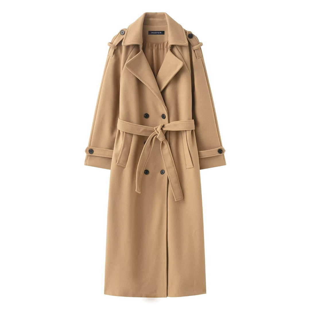Dam Lång Dubbel-Breasted Trenchcoat med Bälte och Axel Straps