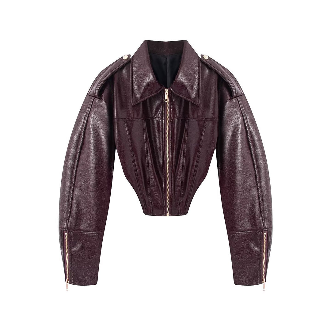 Dam Kort Jacka i Corset Stil Tillverkad av Leatherette med Emphasized Shoulder Area