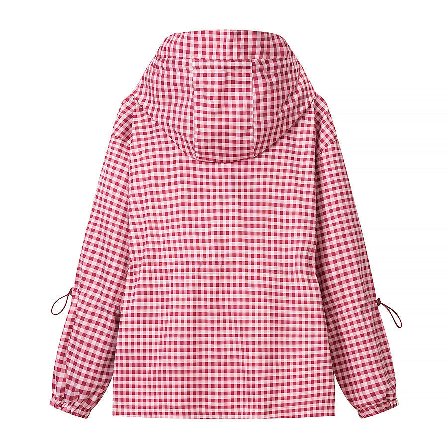 Dam lätt med huva utomhusjacka in Vichy rutig med dragsko midja
