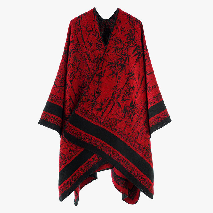 Dam Jacquard poncho i Cape stil med Bamboo design och öppen front