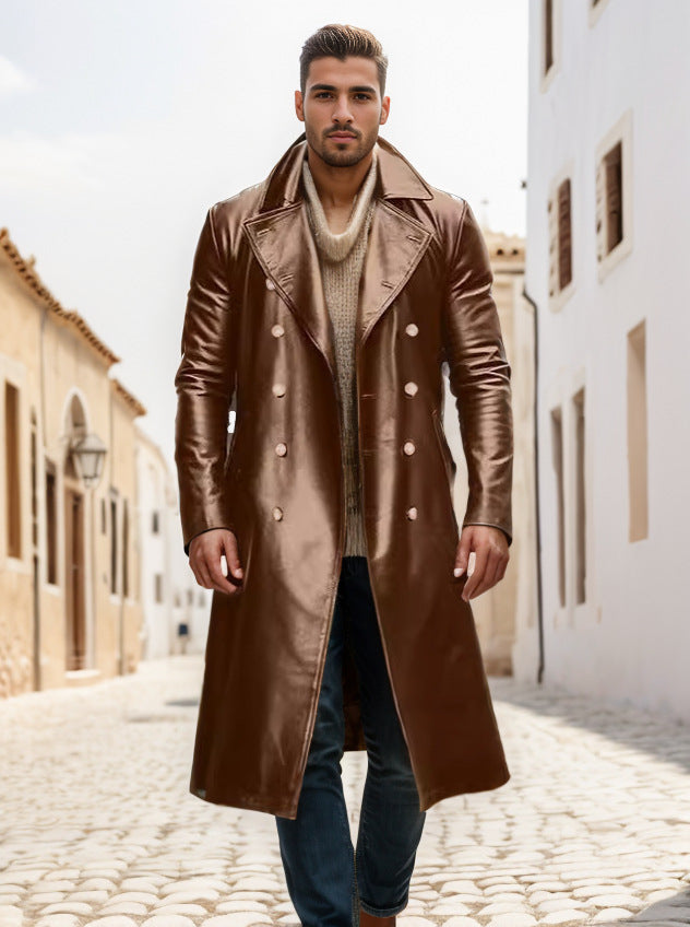 Herr Long Shiny Konstläder Trenchcoat med Dubbel Breasted och Särpräglad Lapel