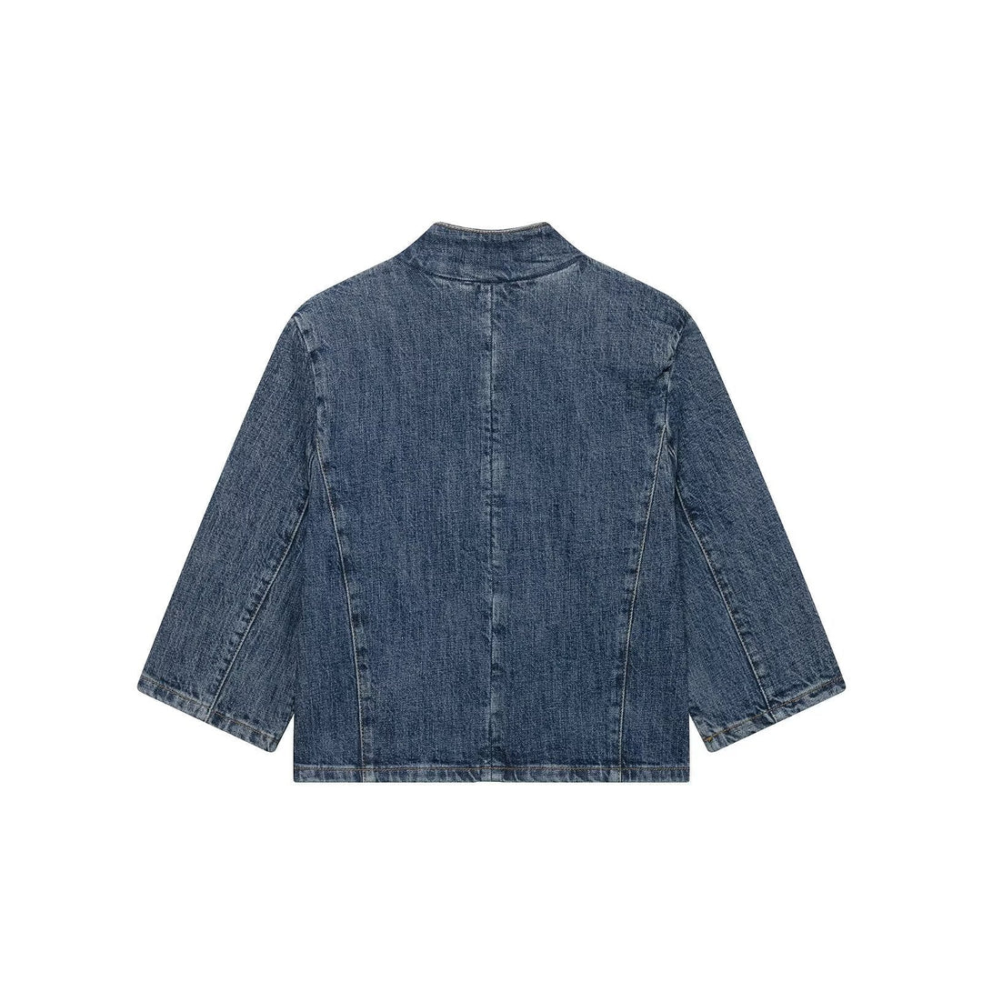 Dam Kort Denim Cape Jacka med Stå Krage, Boxig Silhuett och 3/4 Ärmar