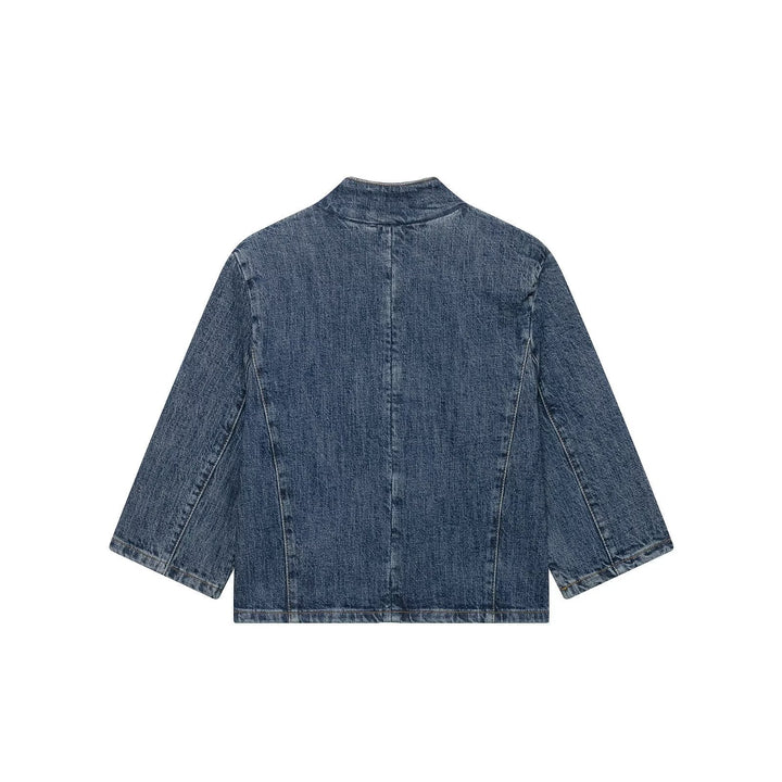 Dam Kort Denim Cape Jacka med Stå Krage, Boxig Silhuett och 3/4 Ärmar
