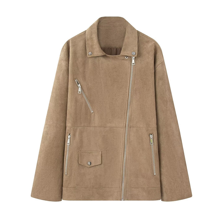 Dam lång oversized bikerjacka i velour look med diagonal dragkedja och multiple fickor