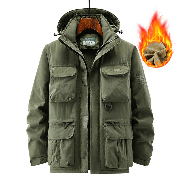 Herr Utility Parka med Warming Fleecefoder, Multifunction Fickor, och Justerbar Huva