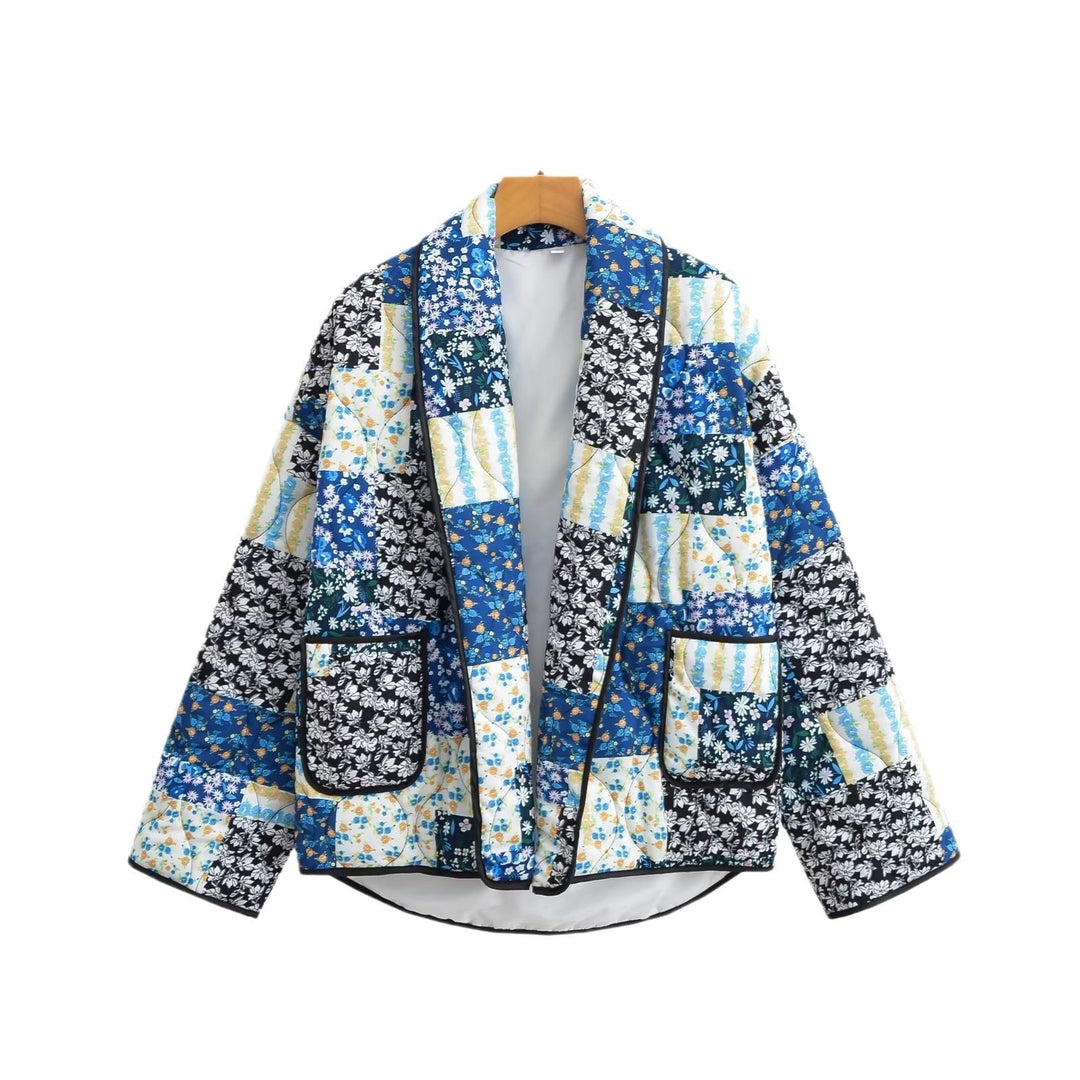 Dam kviltad Patchwork jacka med kontrast Piping och utanpåfickor
