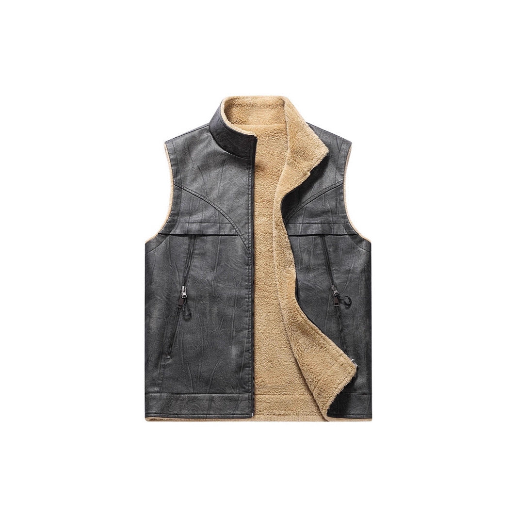 Herr Sleeveless Konstläder Teddy Väst med Ståkrage och Dragkedjefickor