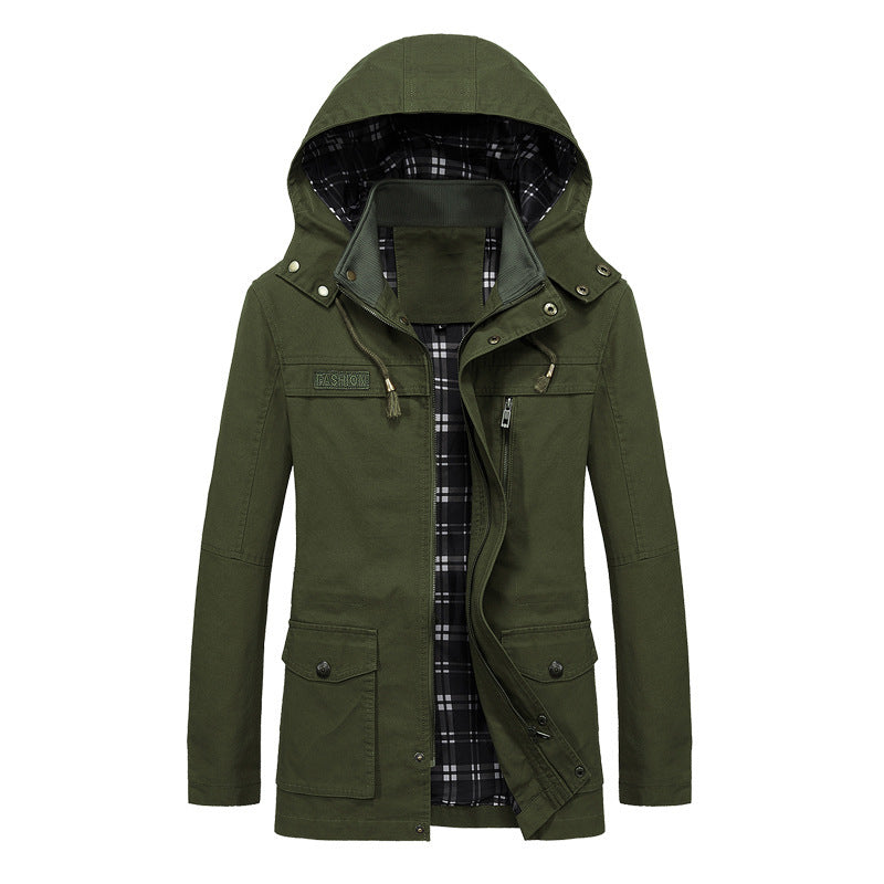 Herr Canvas Fält Parka med Huva, Rutig Foder och Multi-Function Fickor