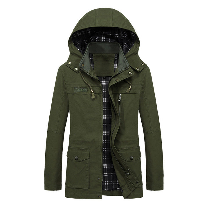 Herr Canvas Fält Parka med Huva, Rutig Foder och Multi-Function Fickor