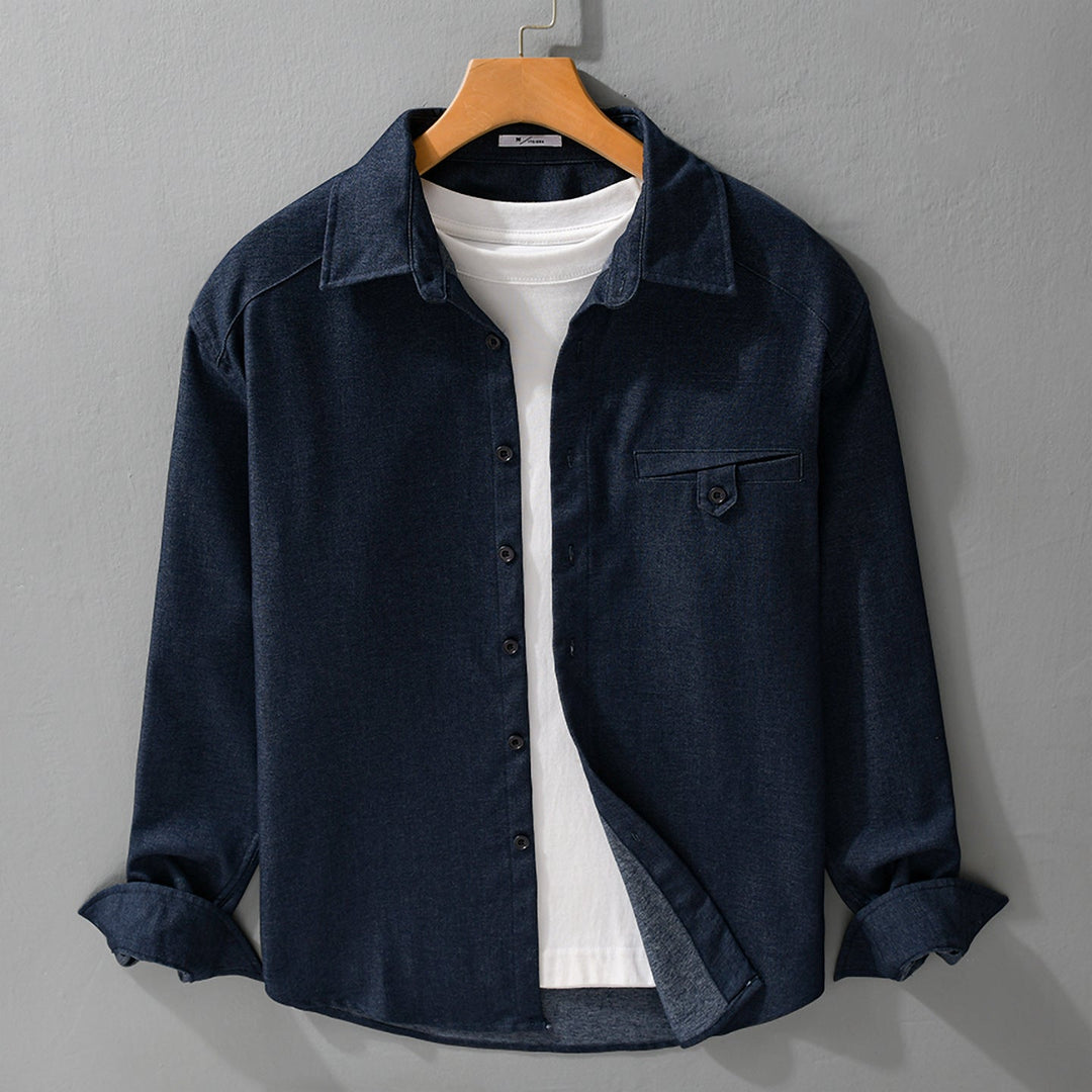Herr Mjuk Denim Överskjorta med Lock Ficka och Lös Passform
