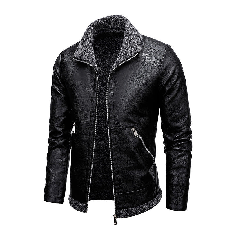Herr Läder Look Pilot Jacka med Sherpa Interior Foder och Dold Zip Knapplist