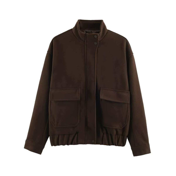 Dam kort jacka gjord ullblandning in utility look med ståkrage, flap fickor, och elastic fåll