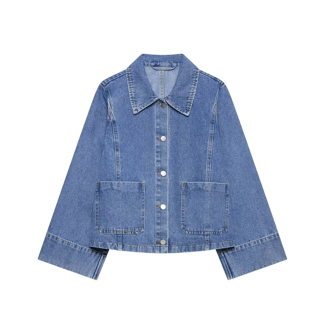 Dam Oversize Denimjacka med Skjort Krage och Stora Patch Fickor