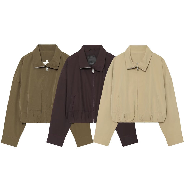Dam Lätt Kort Blouson Jacka med Stå Krage, Dragkedja och Elastic Nederkant