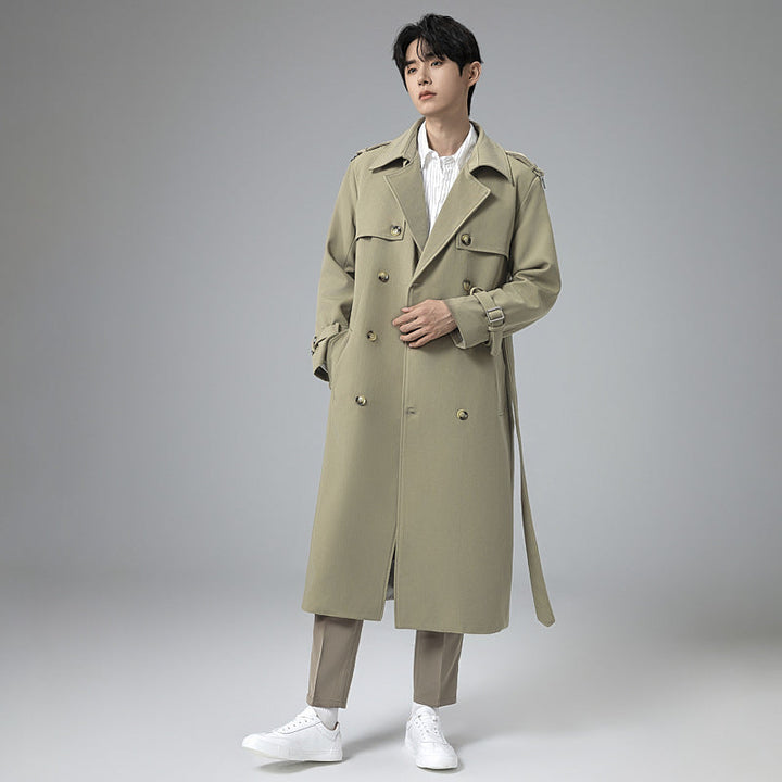 Herr Modern Maxi Lång Double-Breasted Trench Kappa med Klassisk Slag och Justerbar Muddar