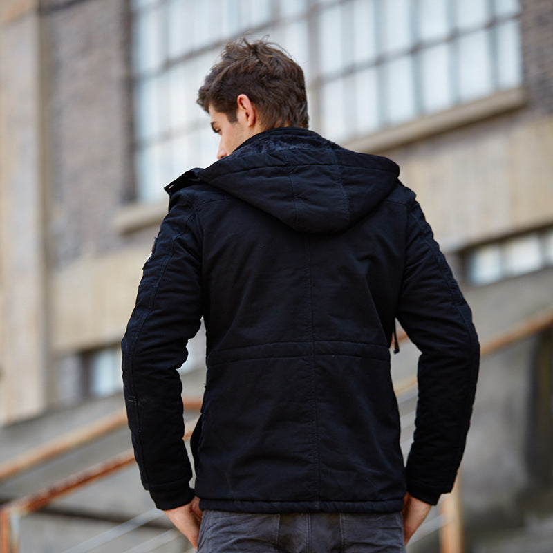 Herr Quiltad Fältjacka med Huva Patch Detaljer och Termisk Foder